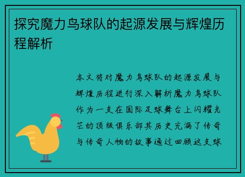 探究魔力鸟球队的起源发展与辉煌历程解析
